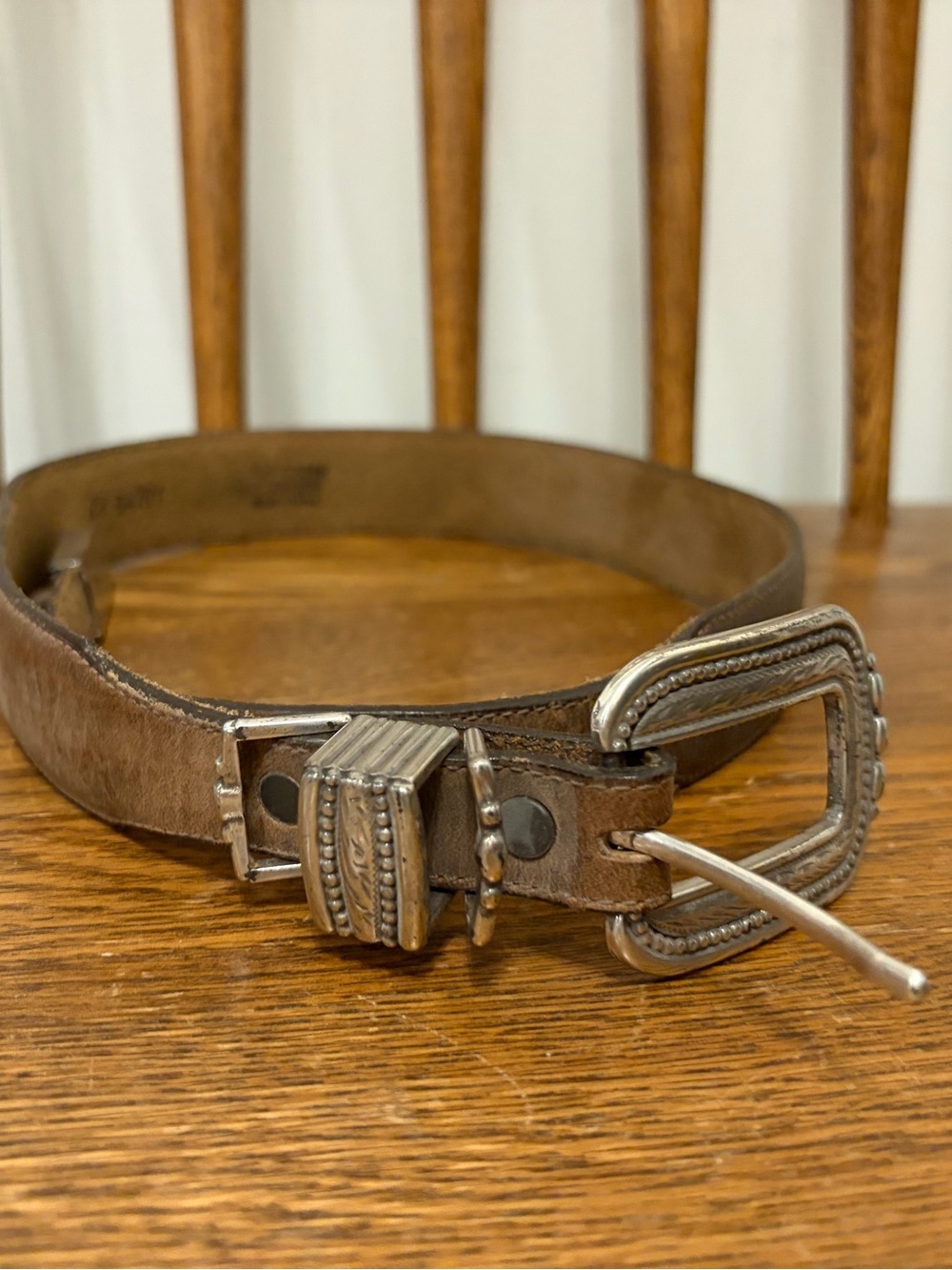 Vintage Justin Brown Top Grain Cowhide Western Belt Silver Buckle Size 28